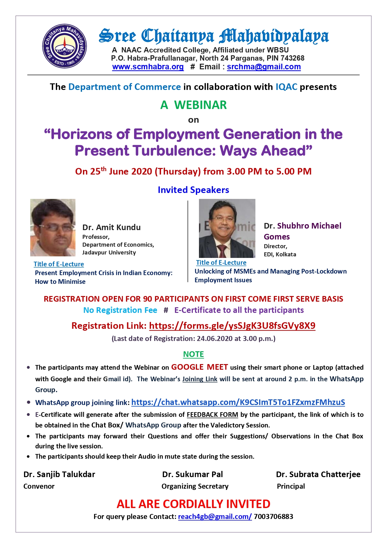 Webinar on Horizons of Employment Generation in the  Present Turbulence: Ways Ahead, Department of Commerce, 25-06-2020